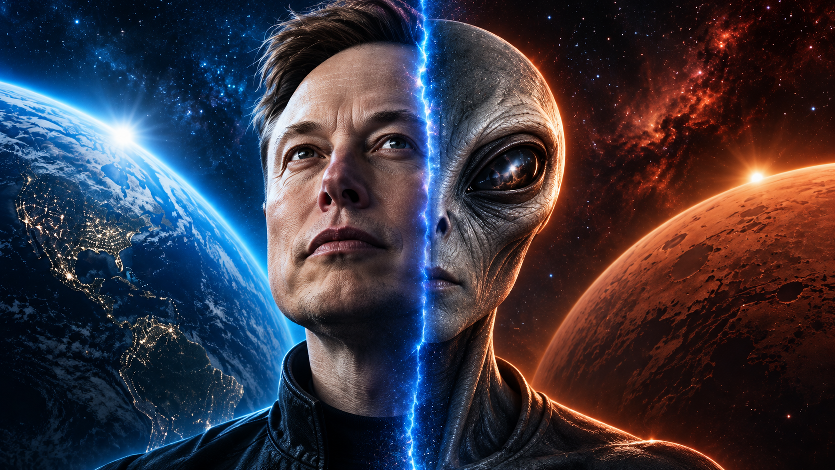 Cinematic split portrait of Elon Musk and an extraterrestrial figure framed by Earth and Mars
